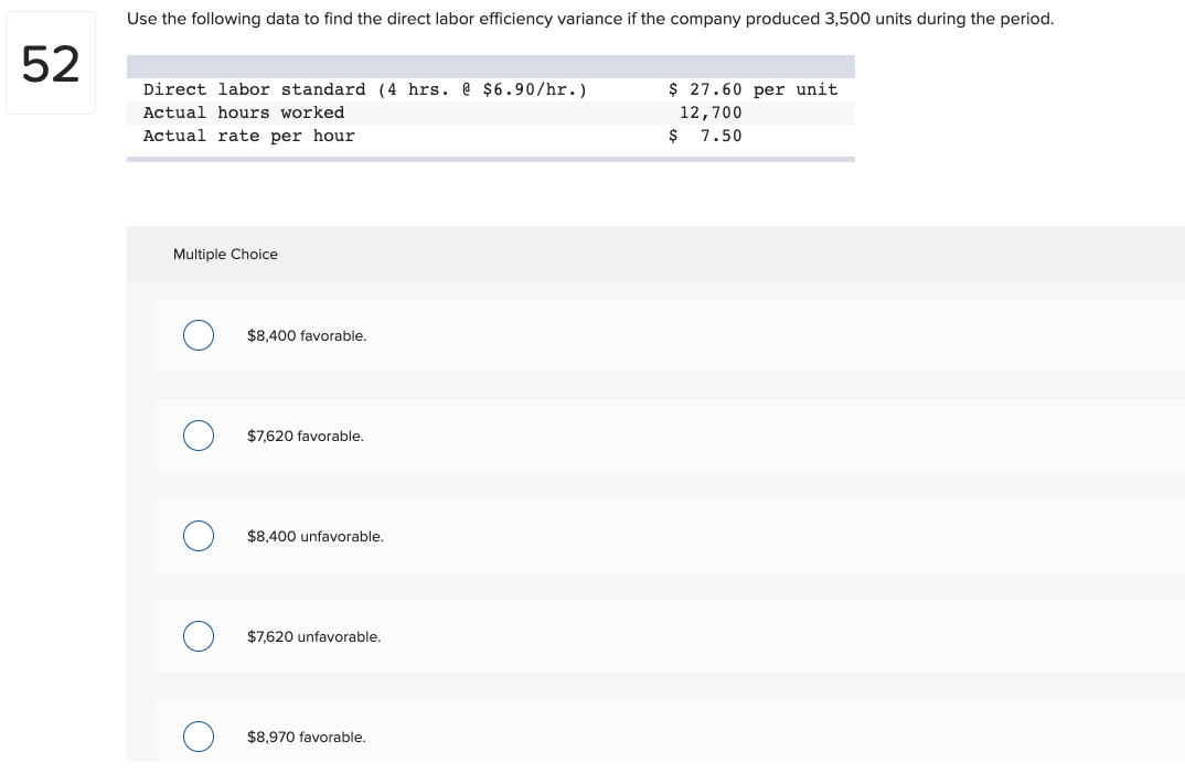  Use the following data to find the direct labor efficiency variance