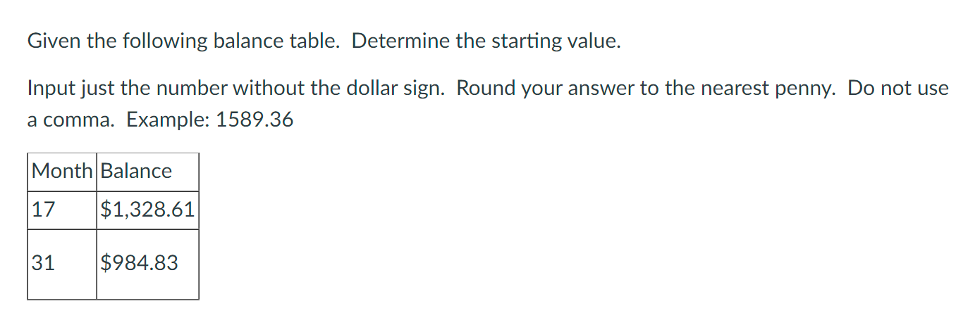  Given the following balance table. Determine the starting value. Input just