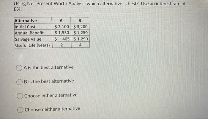  Using Net Present Worth Analysis which alternative is best? Use an