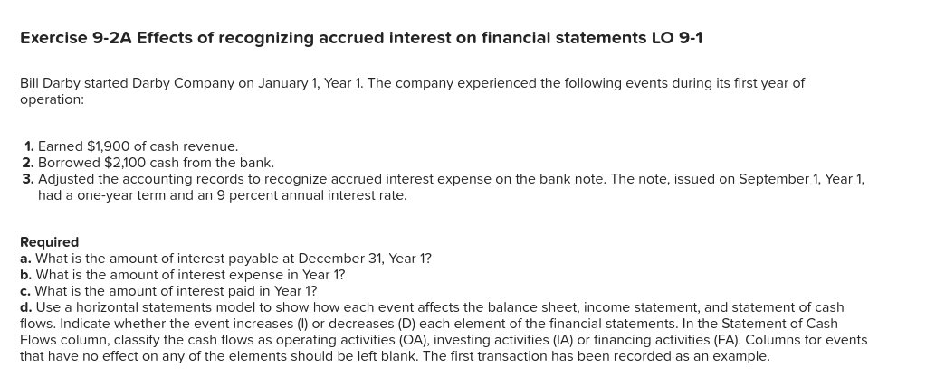  Question 2 Exercise 9-2A Effects of recognizing accrued interest on financial
