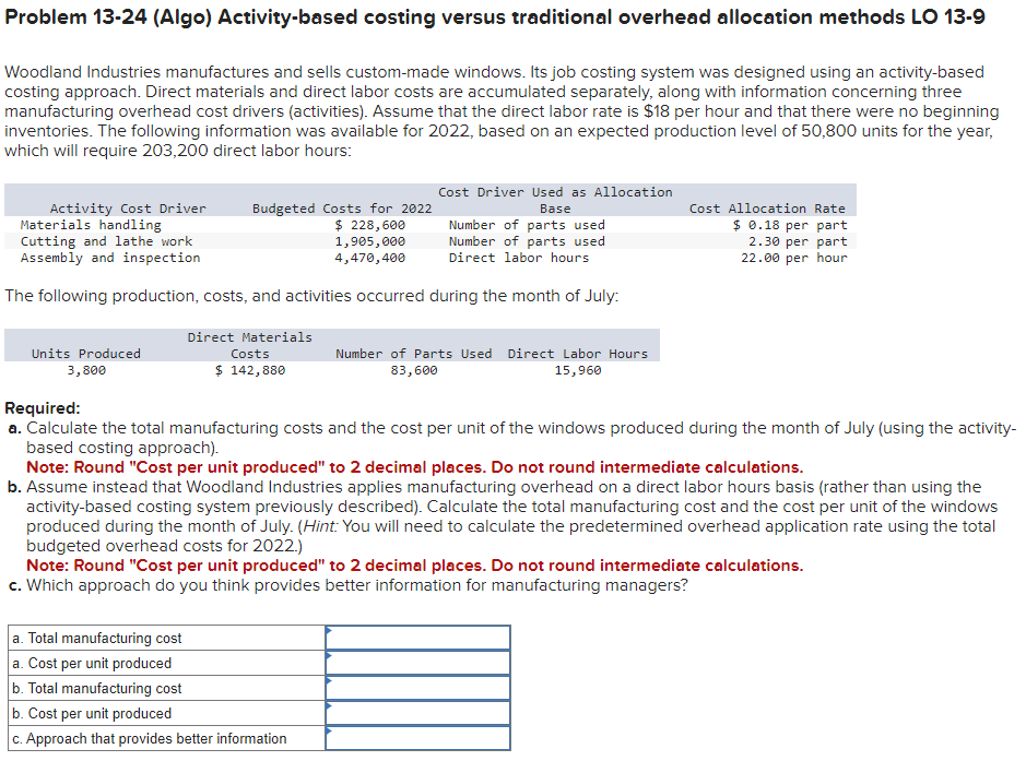  Problem 13-24 (Algo) Activity-based costing versus traditional overhead allocation methods LO