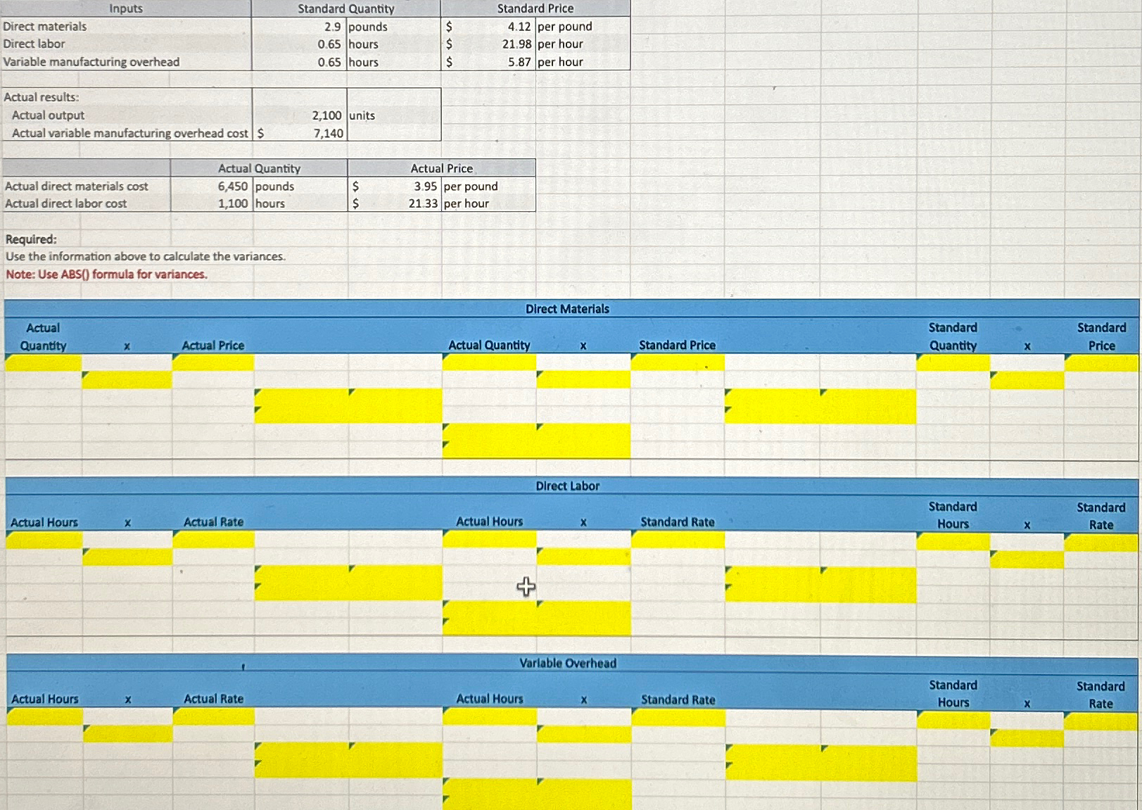  \table[[,Inputs,Standard Quantity,Standard Price],[Direct materials,2.9,pounds,$,4.12,per pound],[Direct labor,0.65,hours,$,21.98,per hour],[Variable manufacturing overhead,0.65,hours,$,5.87,per hour]] \table[[Actual