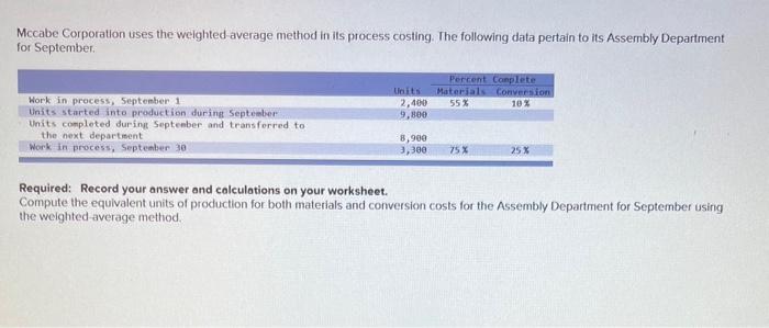 ms excel please Mccabe Corporation uses the weighted average method in its