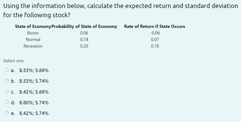 Using the information below, calculate the expected return and standard deviation