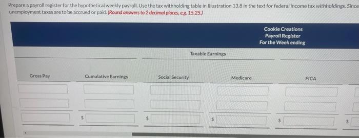 (a) Prepare a payroll register for the hypothetical weekly payroll. Use the