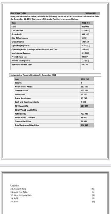  QUESTION THREE (30 MARKS) Using the information below calculate the following