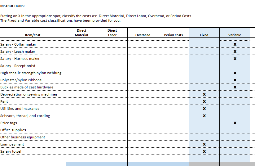 Appendix Word Document to complete the first two tabs, Cost Classification and