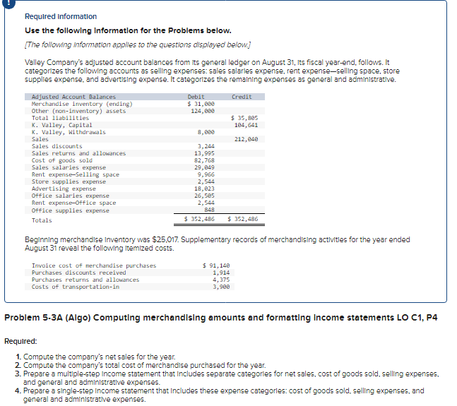  Required information Use the following Informetlon for the Problems below. [The