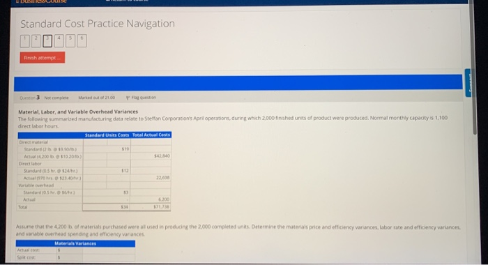  Standard Cost Practice Navigation 4 5 Finish attempt Questo 3 Not