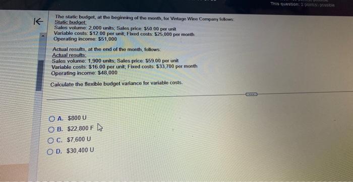 C. $100 per unit D. $170 per unit The static budget, at