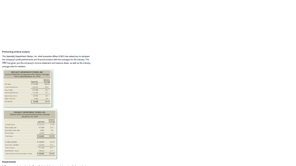 Requirements 1. Prepare a vertical analysis for Specialty for both its