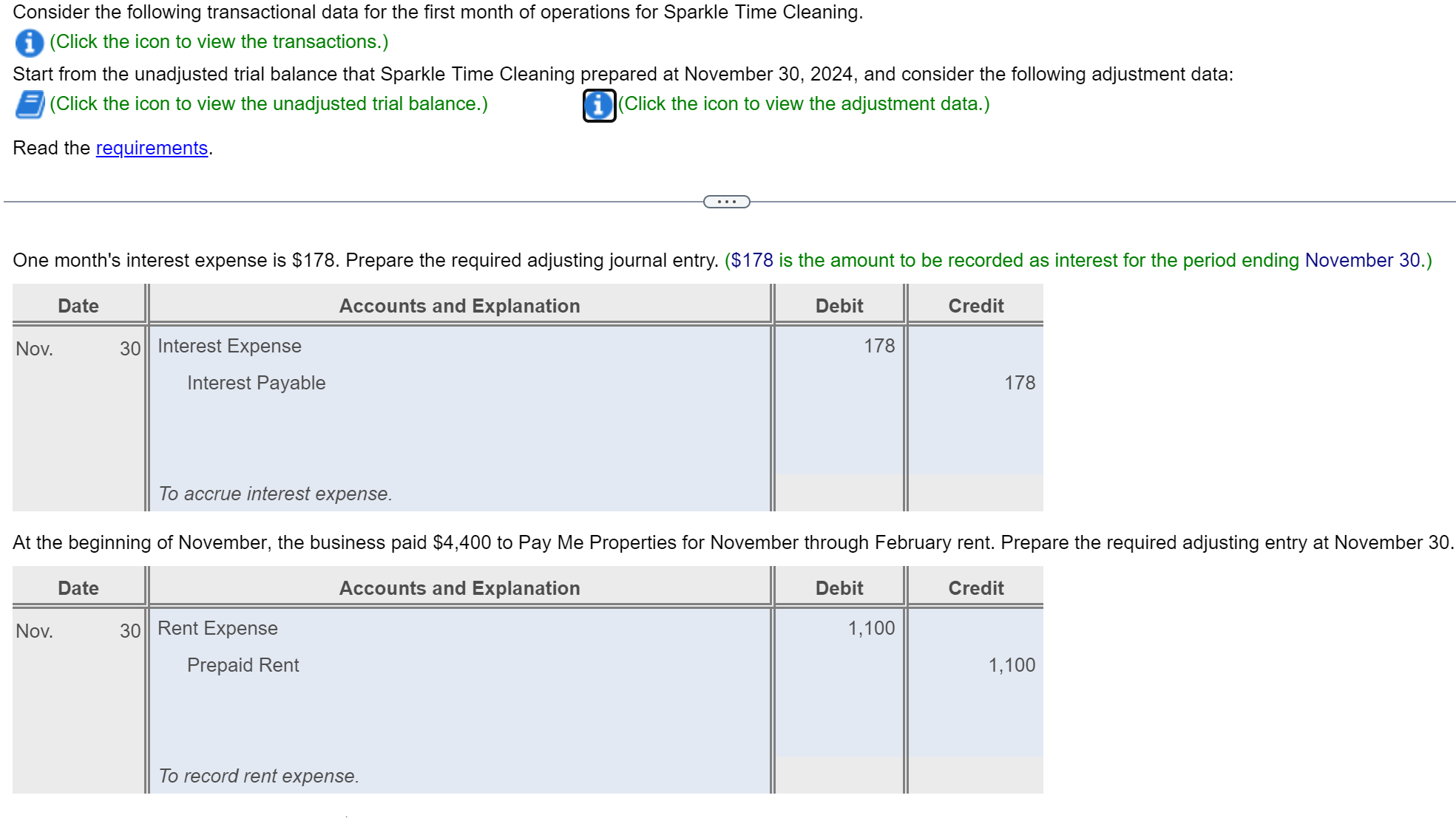 2024 through October 31, 2025. (Debit Prepaid Insurance) Nov. 4 Purchased cleaning