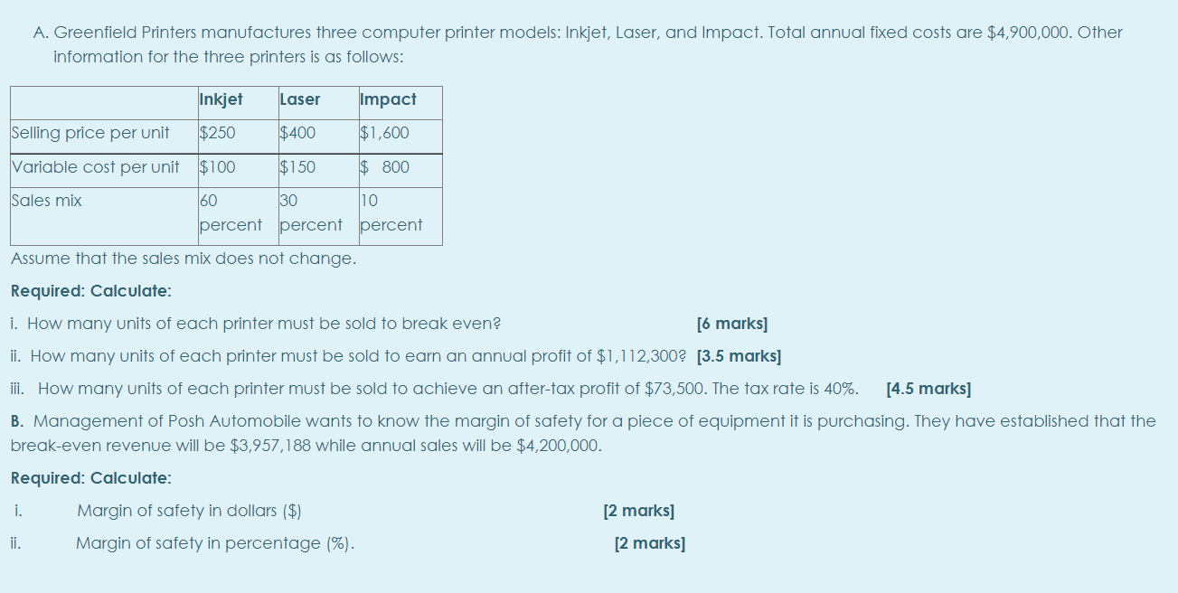  A. Greenfield Printers manufactures three computer printer models: Inkjet, Laser, and