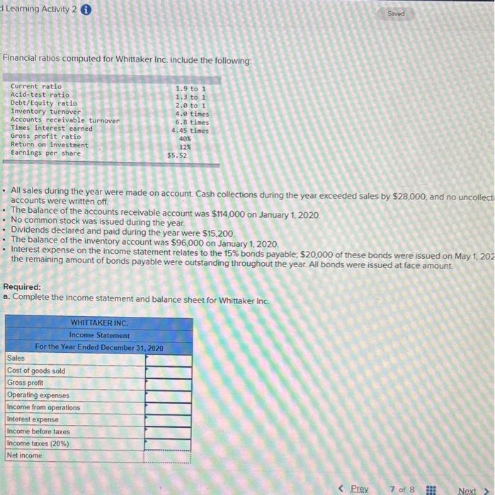  1 Learning Activity 2 i Financial ratios computed for Whittaker inc