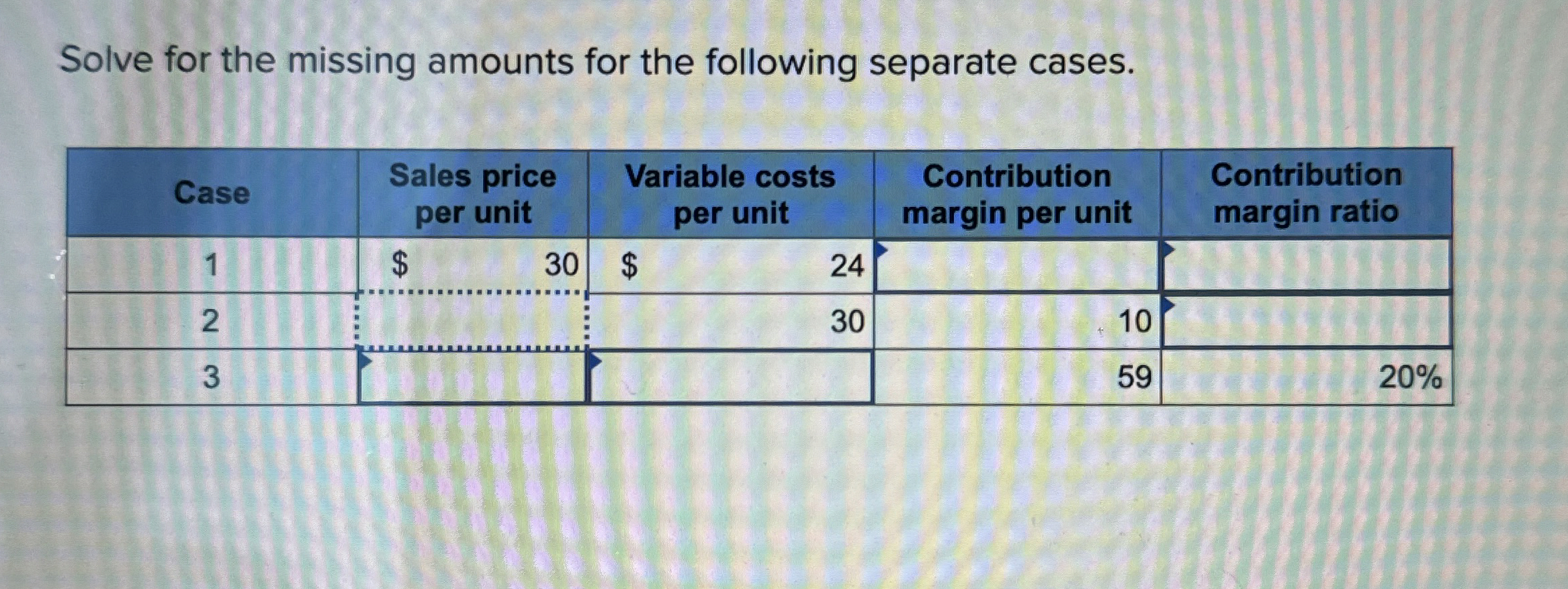  Solve for the missing amounts for the following separate cases. \table[[Case,\table[[Sales