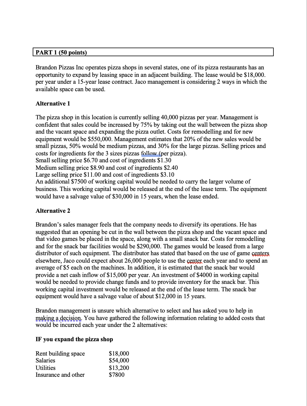  PART 1(50 points) Brandon Pizzas Inc operates pizza shops in several