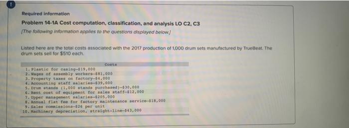  Required information Problem 14-1A Cost computation, classification, and analysis LO C2,