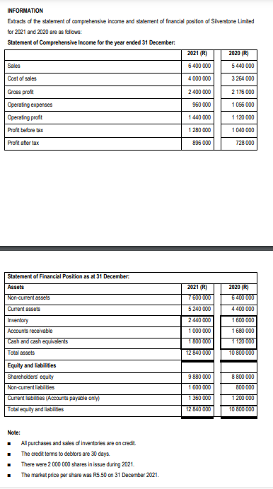 QUESTION 2 (20 Marks) REQUIRED Use the information provided below to answer