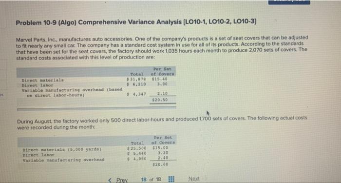 Help please Problem 10-9 (Algo) Comprehensive Variance Analysis (LO10-1, LO10-2, LO10-3) Marvel
