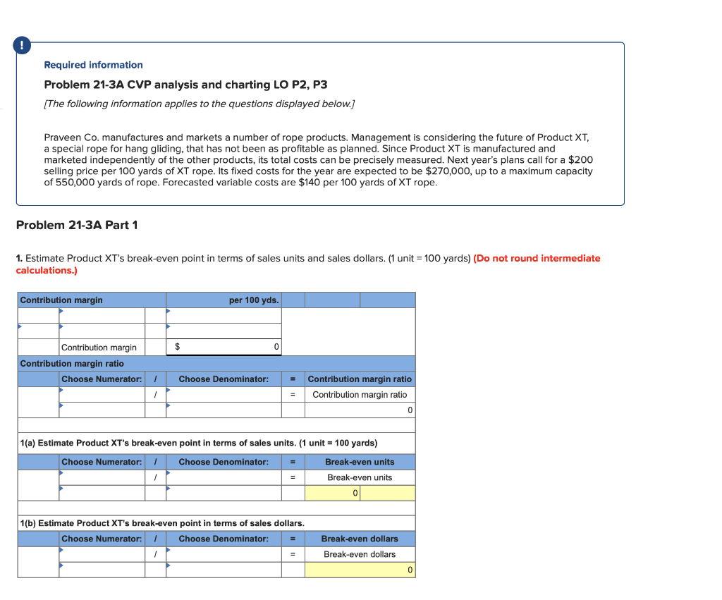 Required information Problem 21-3A CVP analysis and charting LO P2, P3
