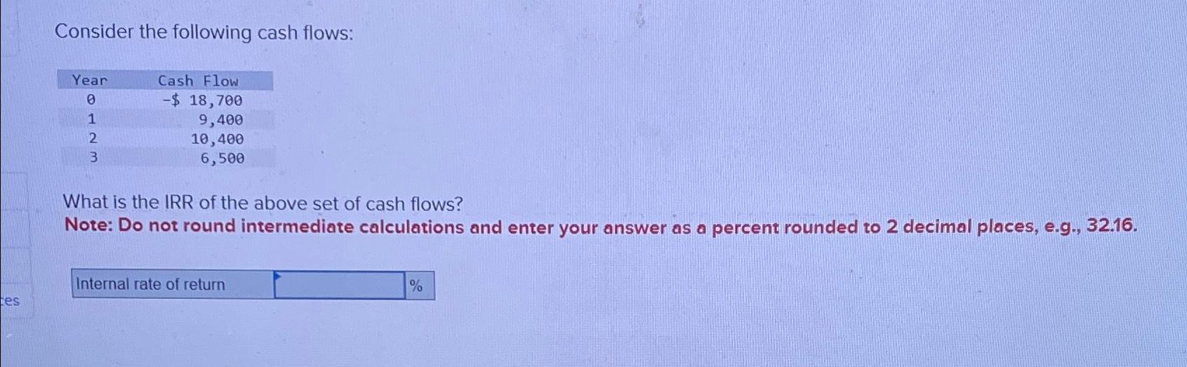  Consider the following cash flows: \table[[Year,Cash Flow],[0,-$18,700 
