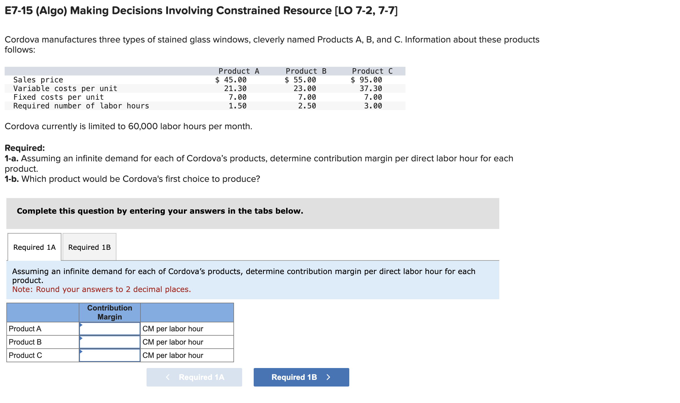  E7-15(Algo) Making Decisions Involving Constrained Resource [LO 7-2,7-7] Cordova manufactures three