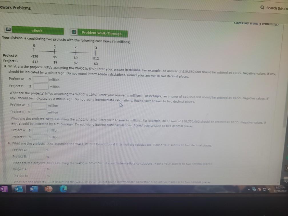 ework Problems Q Search this co Checksy WORK 1 remaining eBook
