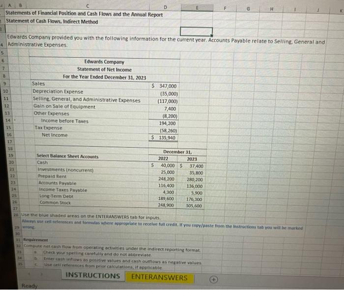 Report 2 Statement of Cash Flows, Indirect Method 3 Edwards Company provided