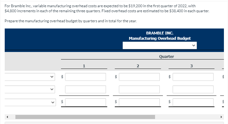 For Bramble Inc., variable manufacturing overhead costs are expected to be