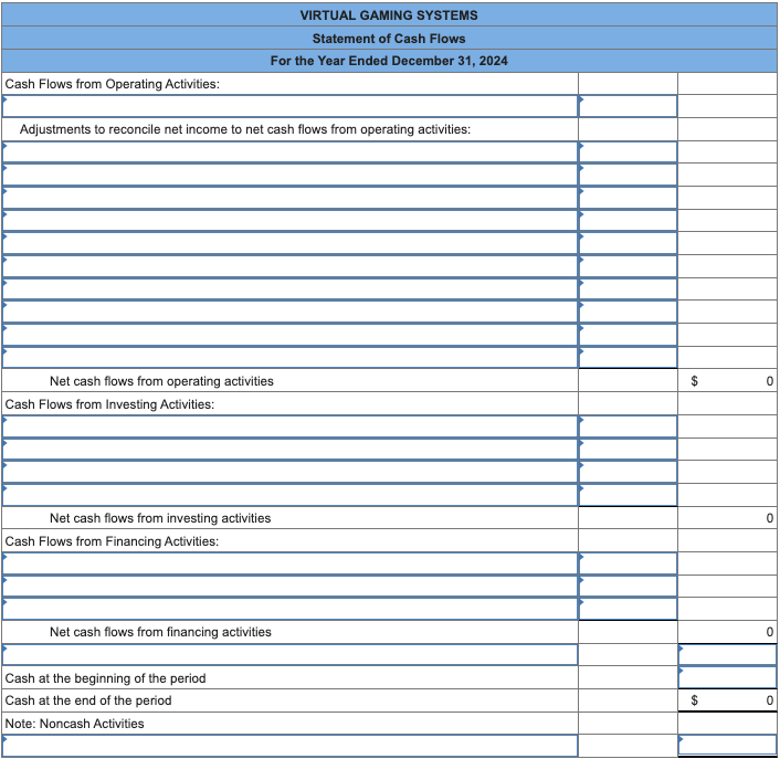 The income statement, balance sheets, and additional information for Virtual Gaming Systems