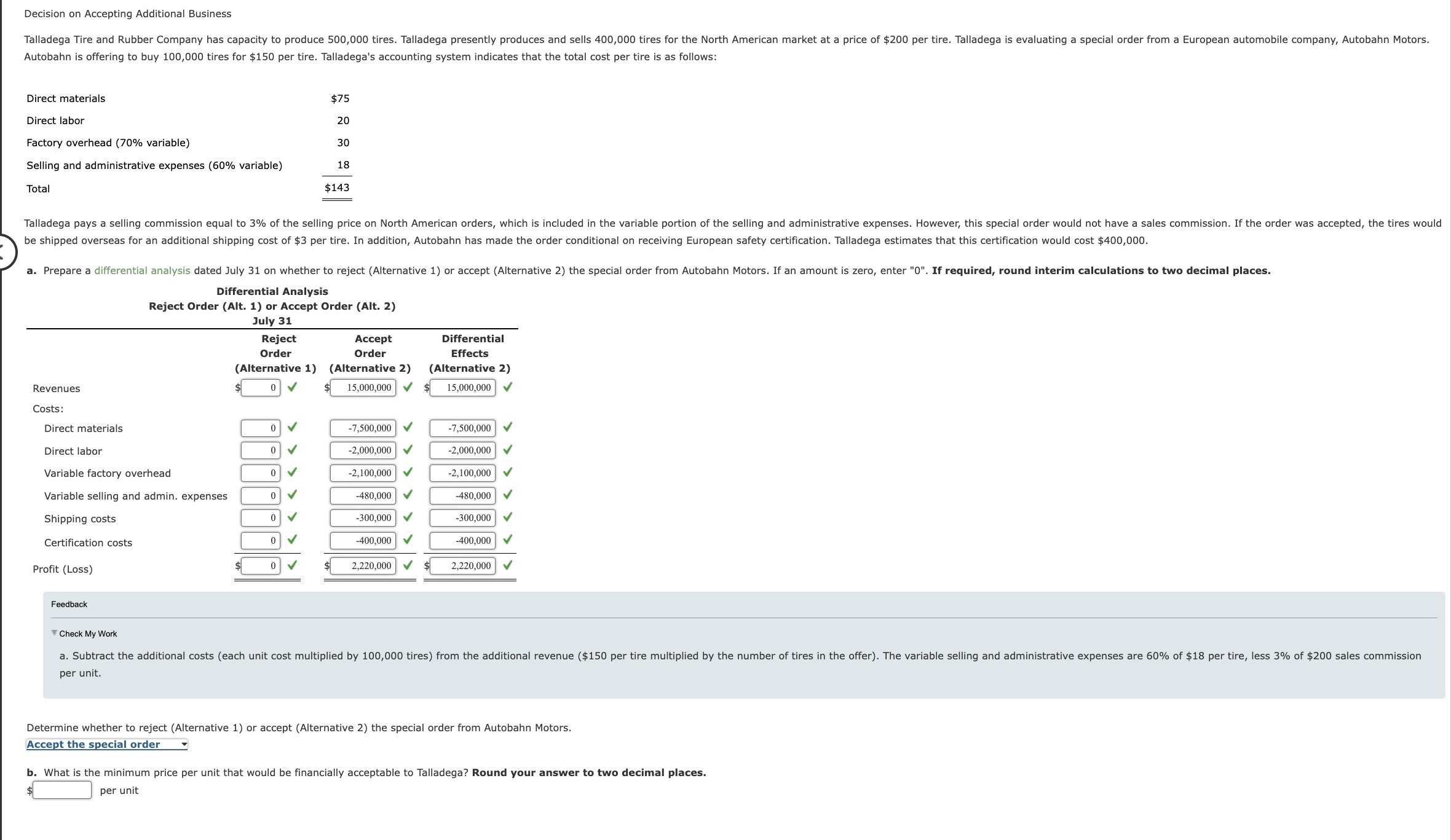 Decision on Accepting Additional Business Talladega Tire and Rubber Company has capacity