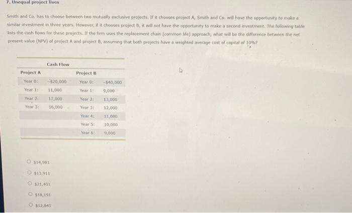  Smith and Co, has to choose between two mutually exclusive projects,