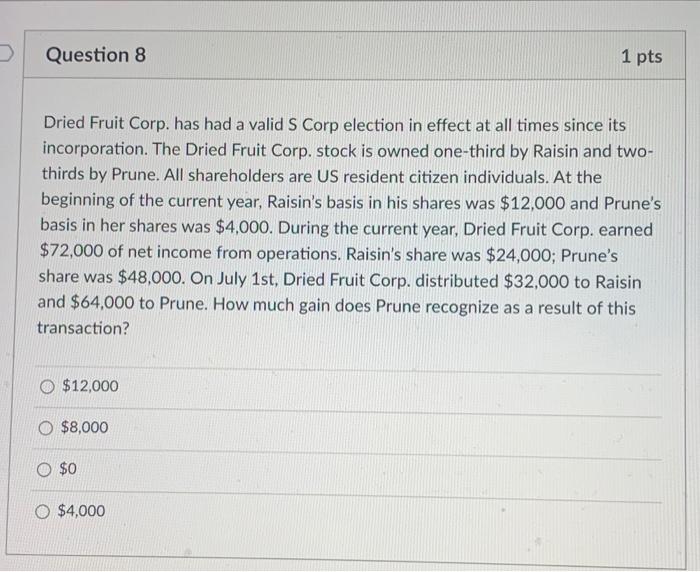  Question 8 1 pts Dried Fruit Corp. has had a valid