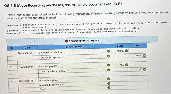 What is missing from this jounal entry? QS 4-5 (Algo) Recording purchases,
