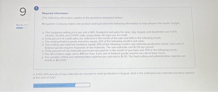 30% of the following month's unit sales. d. The ending raw materlaks