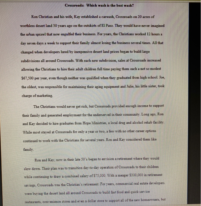 case study help with questuons 1-5. thank you! Crossroads: Which wash is