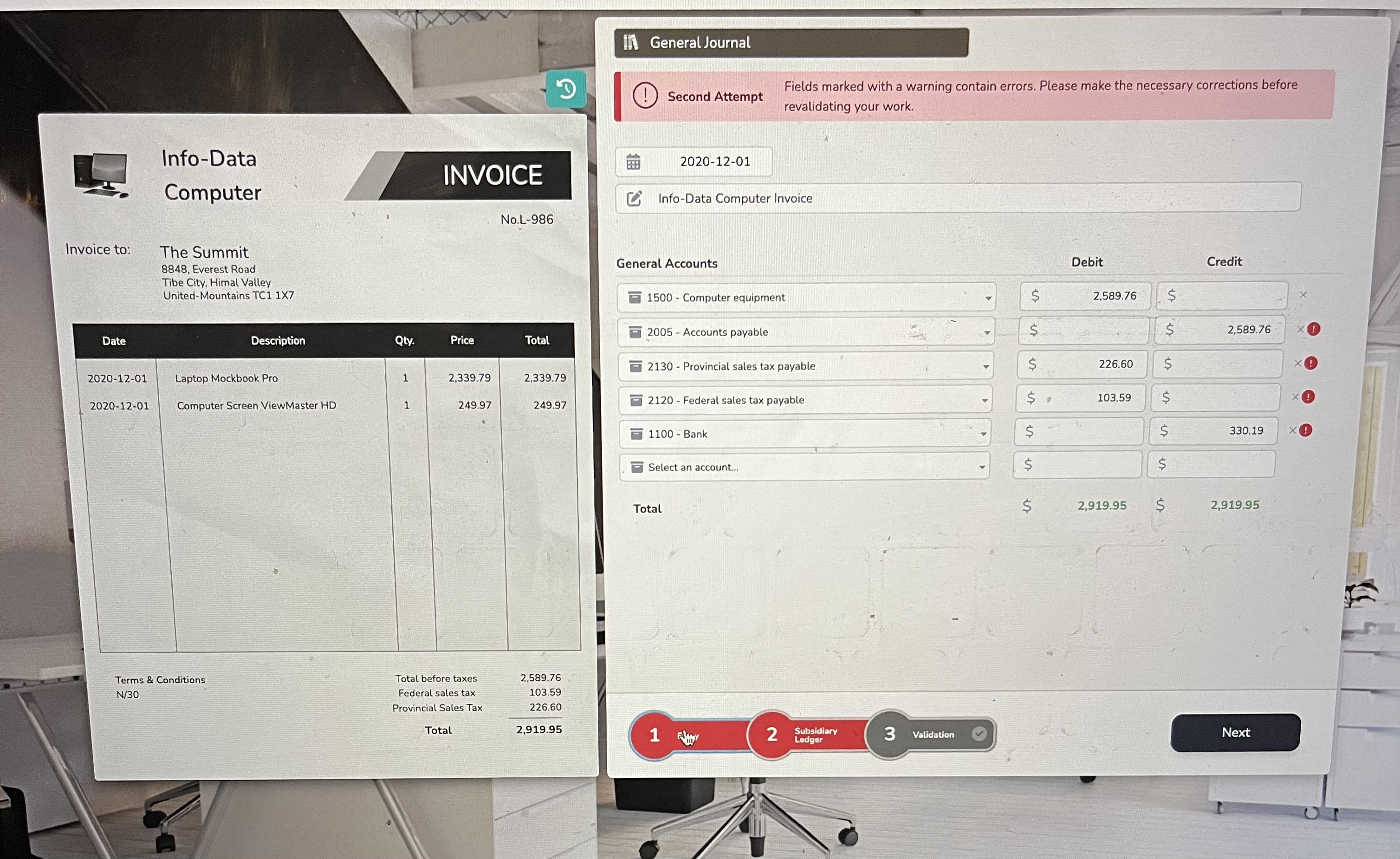 General Journal Fields marked with a warning contain errors. Please make the