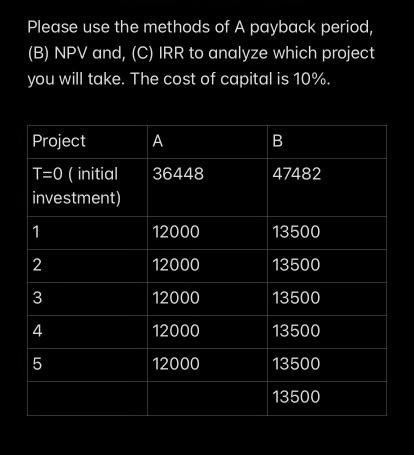  Please use the methods of A payback period, (B) NPV and,