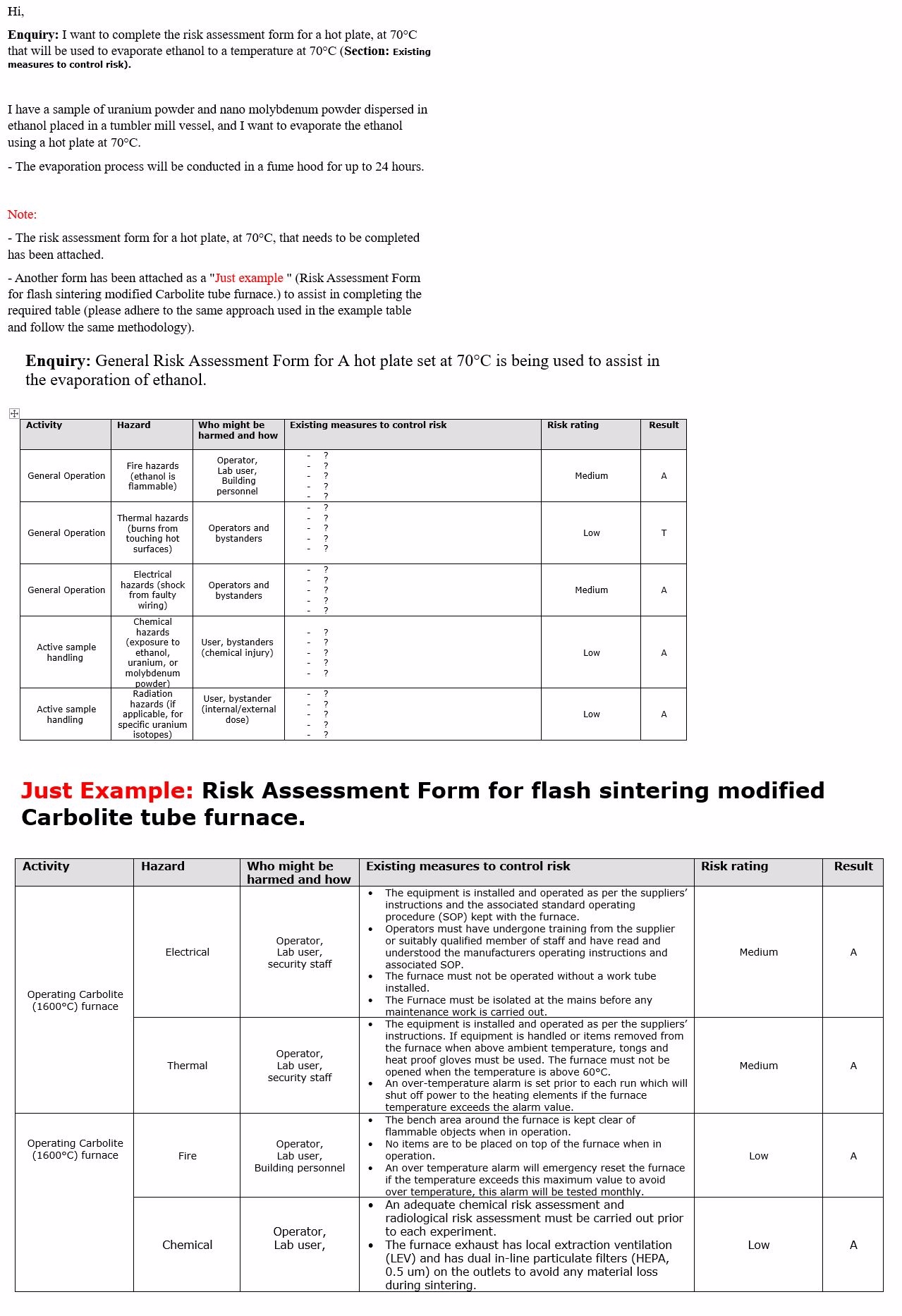 Enquiry: I want to complete the risk assessment form for a hot