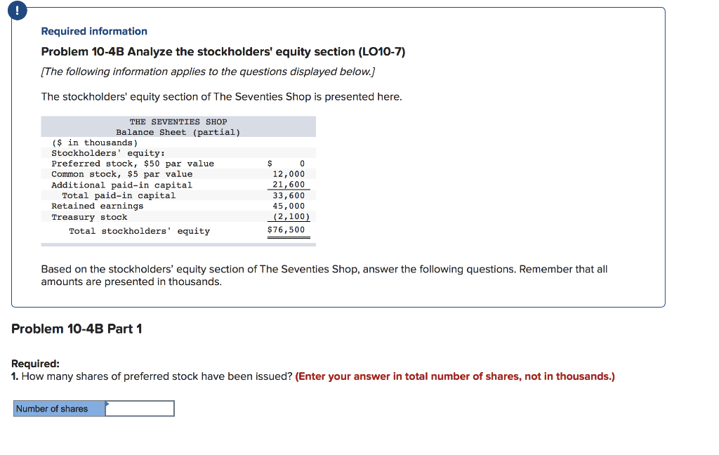 Required information Problem 10-4B Analyze the stockholders' equity section (LO10-7) [The
