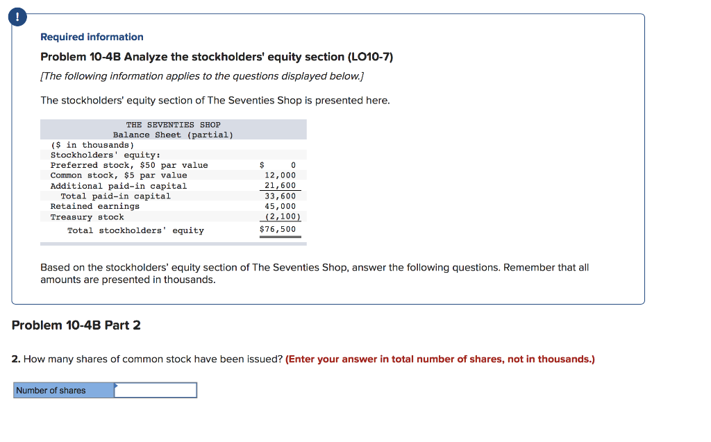 following information applies to the questions displayed below.] The stockholders' equity section