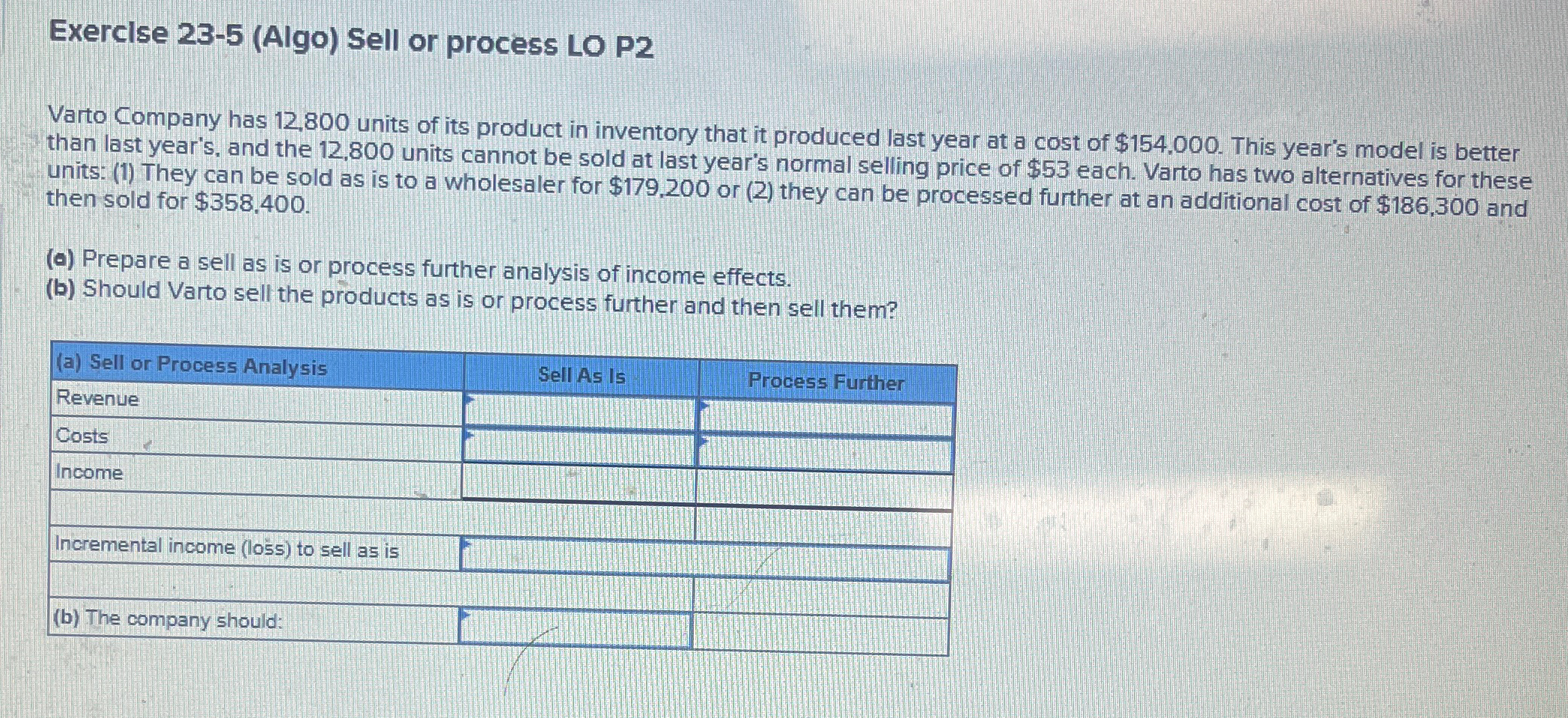  Exerclse 23-5(Algo) Sell or process LO P2 Varto Company has 12,800