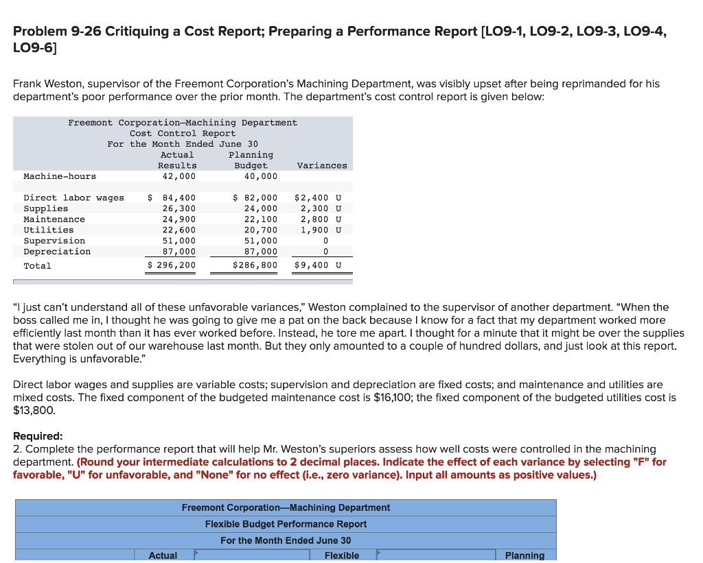 Answer Asap Problem 9-26 Critiquing a Cost Report; Preparing a Performance Report