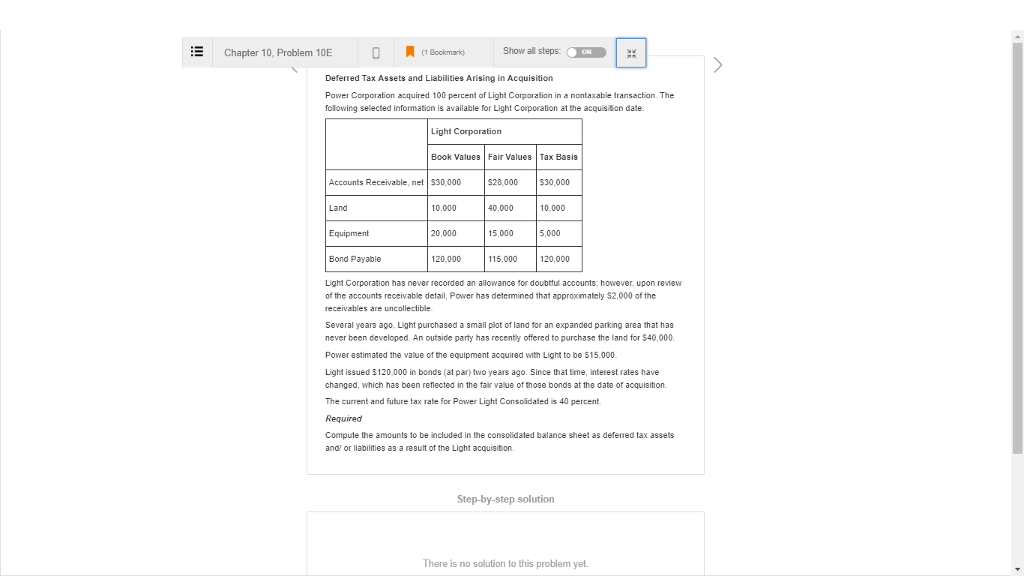  Show all steps: . Chapter 10, Problem 10E (1 Bockmark) Deferred
