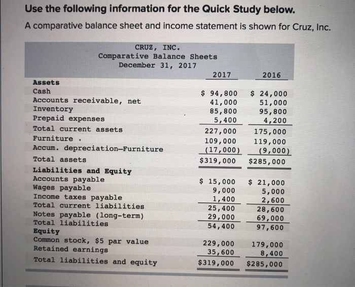  Use the following information for the Quick Study below. A comparative