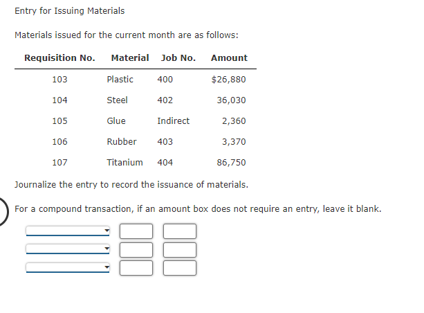  Entry for Issuing Materials Materials issued for the current month are