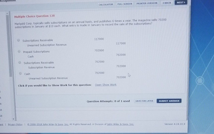AsSighment NEXT CALCULATOR FULL SCREEN PRNTER VERSION BACK Multiple Choice Question
