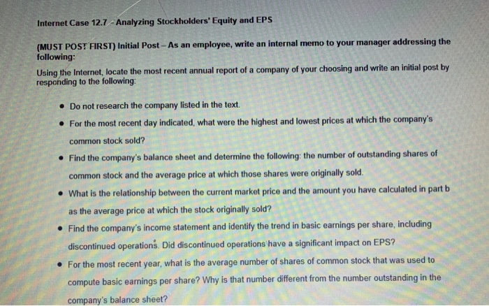  Internet Case 12.7 Analyzing Stockholders' Equity and EPS (MUST POST FIRST)