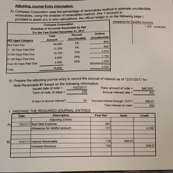 Adjusting Journal Entry Information: A) Compass Corporation uses the percentage of receivables