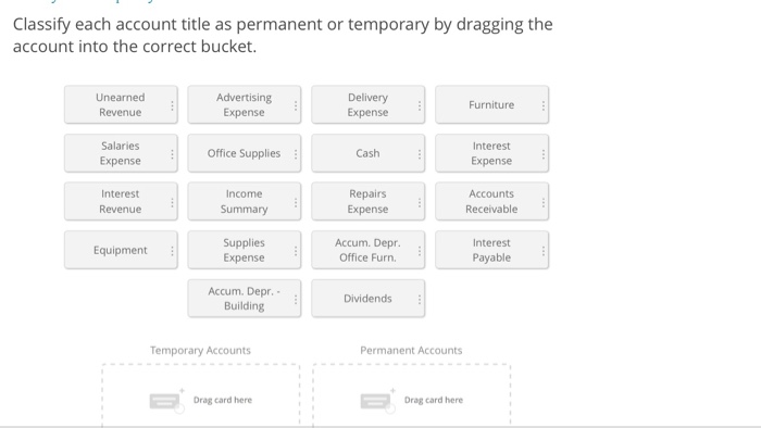 Classify each account title as permanent or temporary by dragging the account